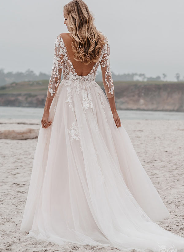 A-Line Tulle V-Neck Open Back Wedding Dress With Appliques Lace