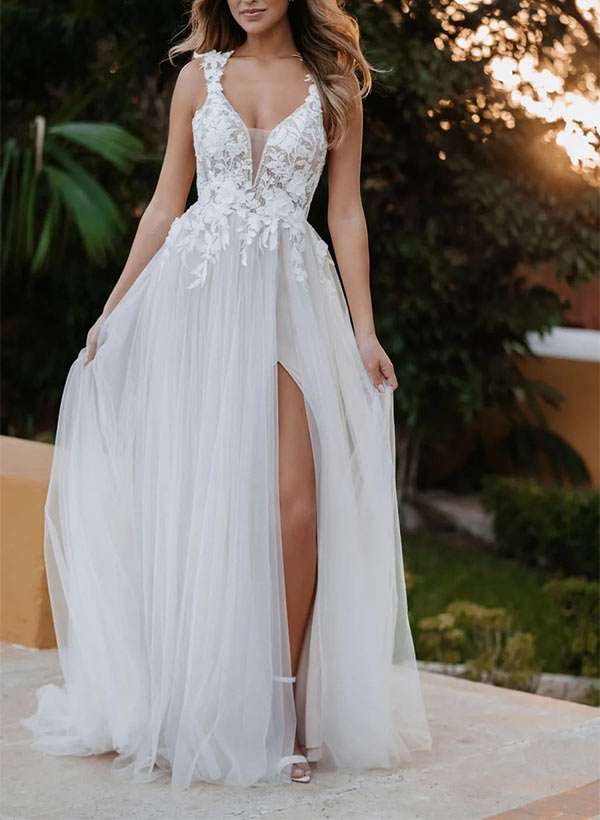 A-Line Tulle V-Neck Sleeveless Wedding Dress With Appliques Lace