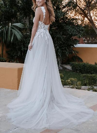A-Line Tulle V-Neck Sleeveless Wedding Dress With Appliques Lace