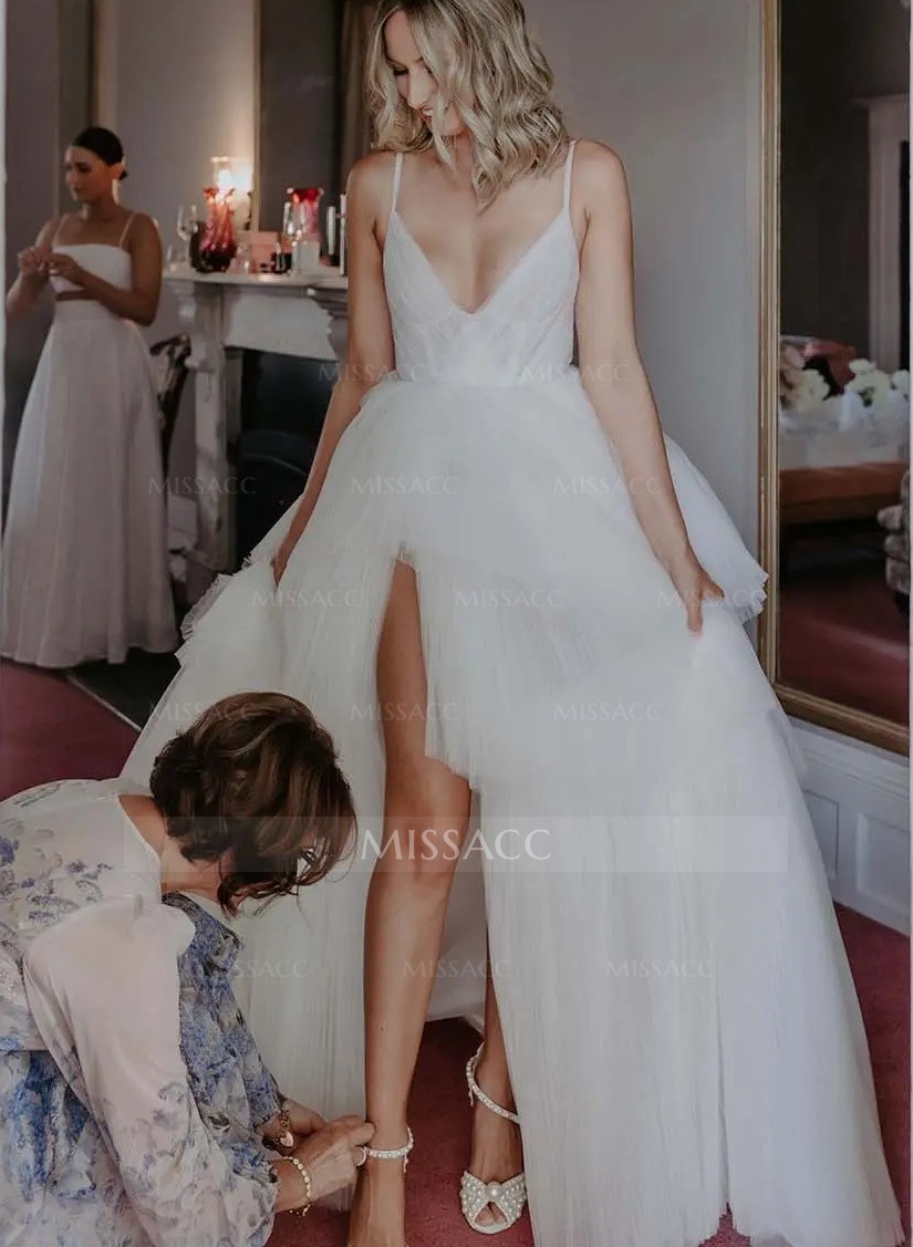 Princess Tulle Romantic Wedding Dresses With Slit 