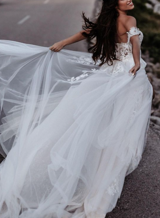 Boho Lace Off-The-Shoulder Slit Wedding Dresses