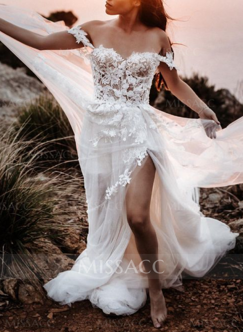 Boho Lace Off-The-Shoulder Slit Wedding Dresses