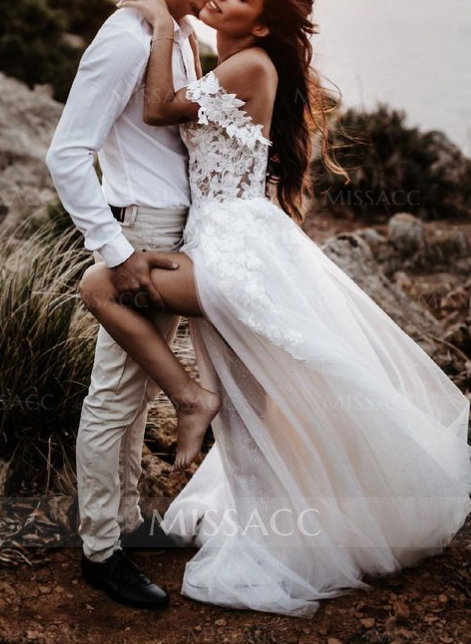 Boho Lace Off-The-Shoulder Slit Wedding Dresses