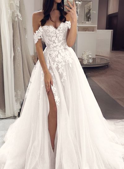 Sweet&Flow Off-The-Shoulder High Split See-Through Lace Wedding Dresses