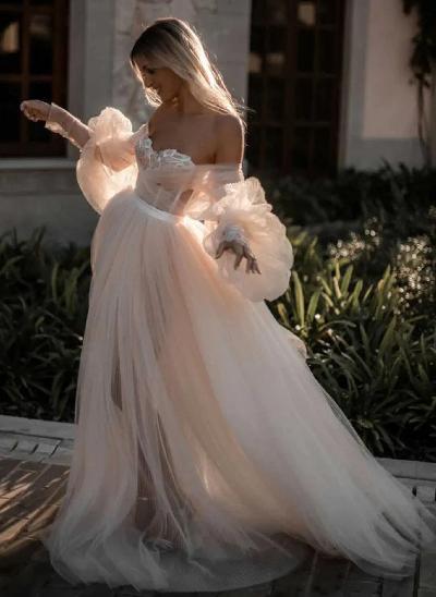 Pink Romantic Long Sleeves Off-The-Shoulder Wedding Dresses With Lace