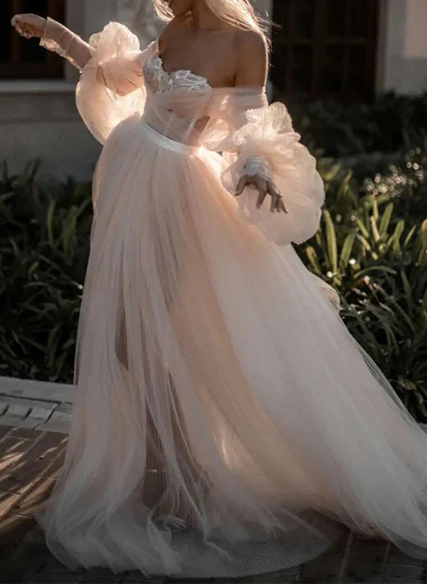 Pink Romantic Long Sleeves Off-The-Shoulder Wedding Dresses With Lace