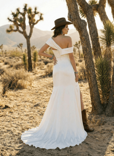 Sheath/Column Sleeveless Sweep Train Silk Like Satin Wedding Dresses