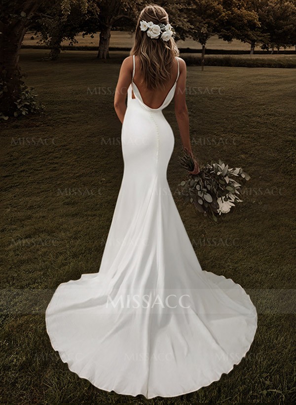 Sheath/Column Open Back V-Neck Sleeveless Court Train Wedding Dresses