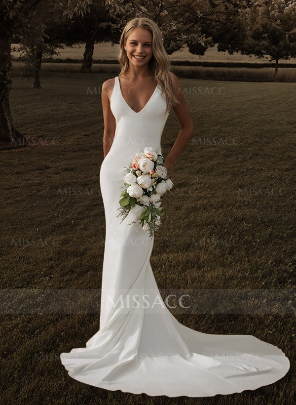 Sheath/Column Open Back V-Neck Sleeveless Court Train Wedding Dresses