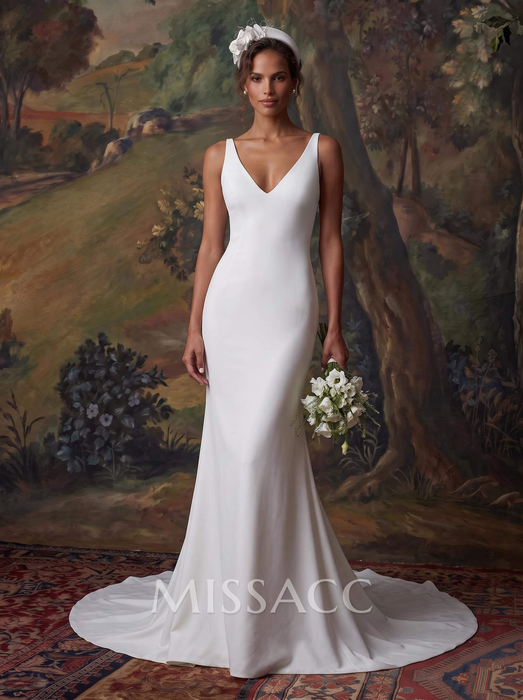 Sheath/Column Open Back V-Neck Sleeveless Court Train Wedding Dresses Sheath/Column Open Back V-Neck Sleeveless Court Train Wedding Dresses