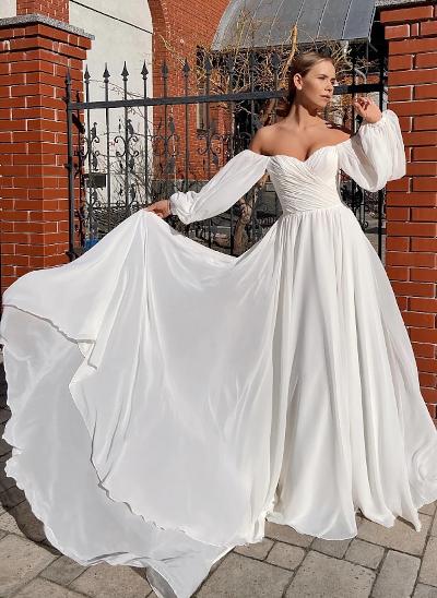 A-Line Sweetheart Long Sleeves Sweep Train Chiffon Wedding Dresses