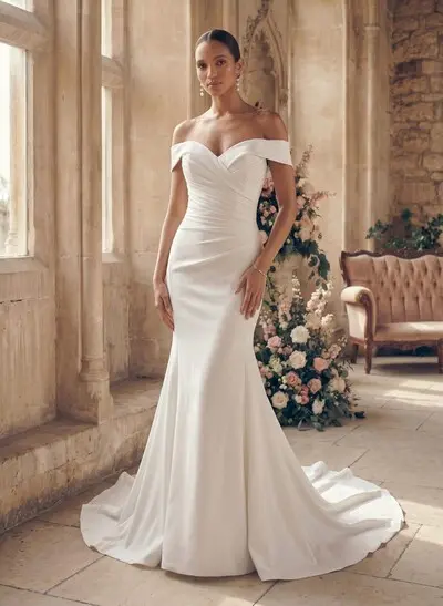 Mermaid Off-The-Shoulder Elastic Satin Wedding Dresses With Ruffle