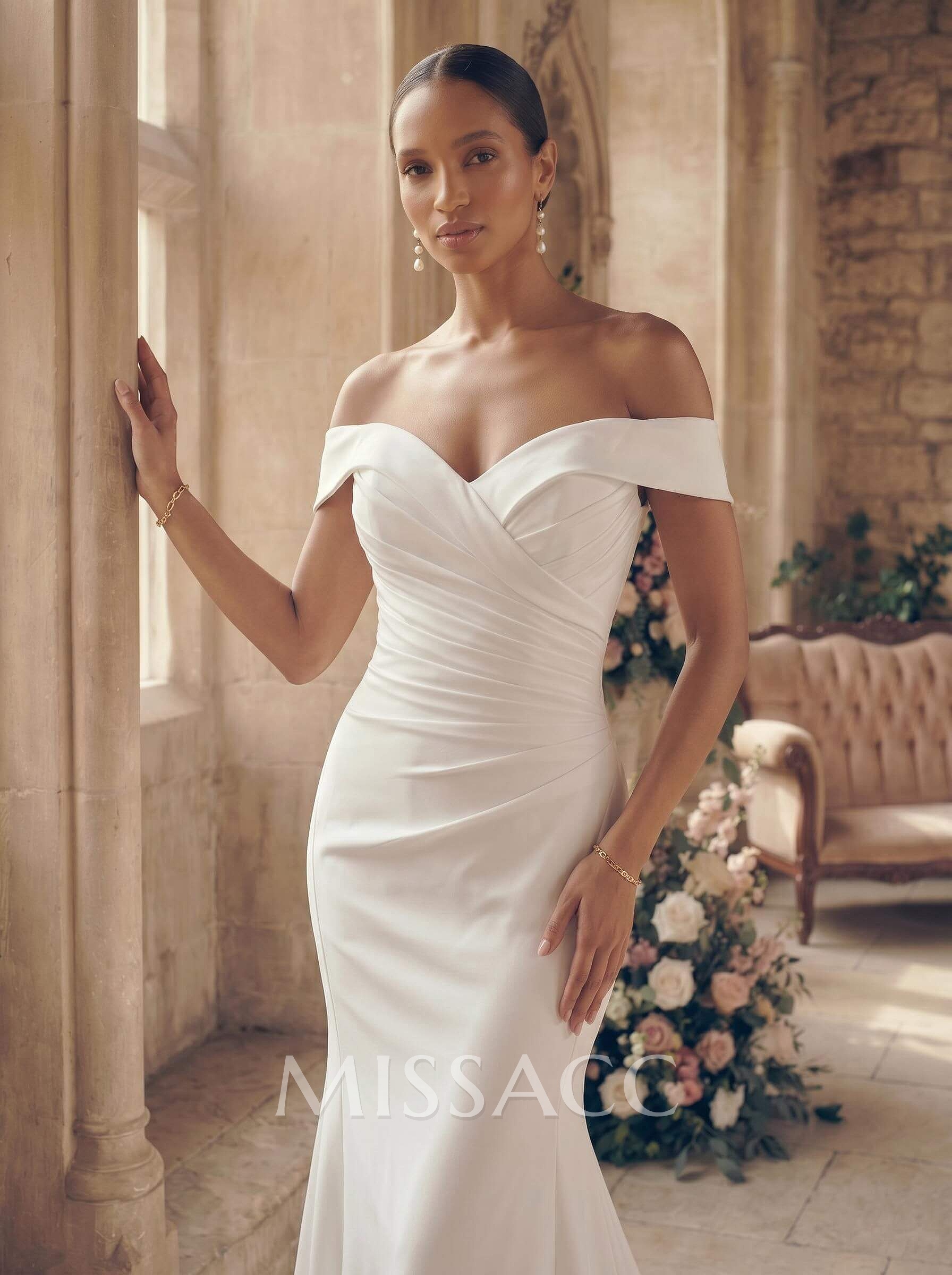 Mermaid Off-The-Shoulder Elastic Satin Wedding Dresses With Ruffle