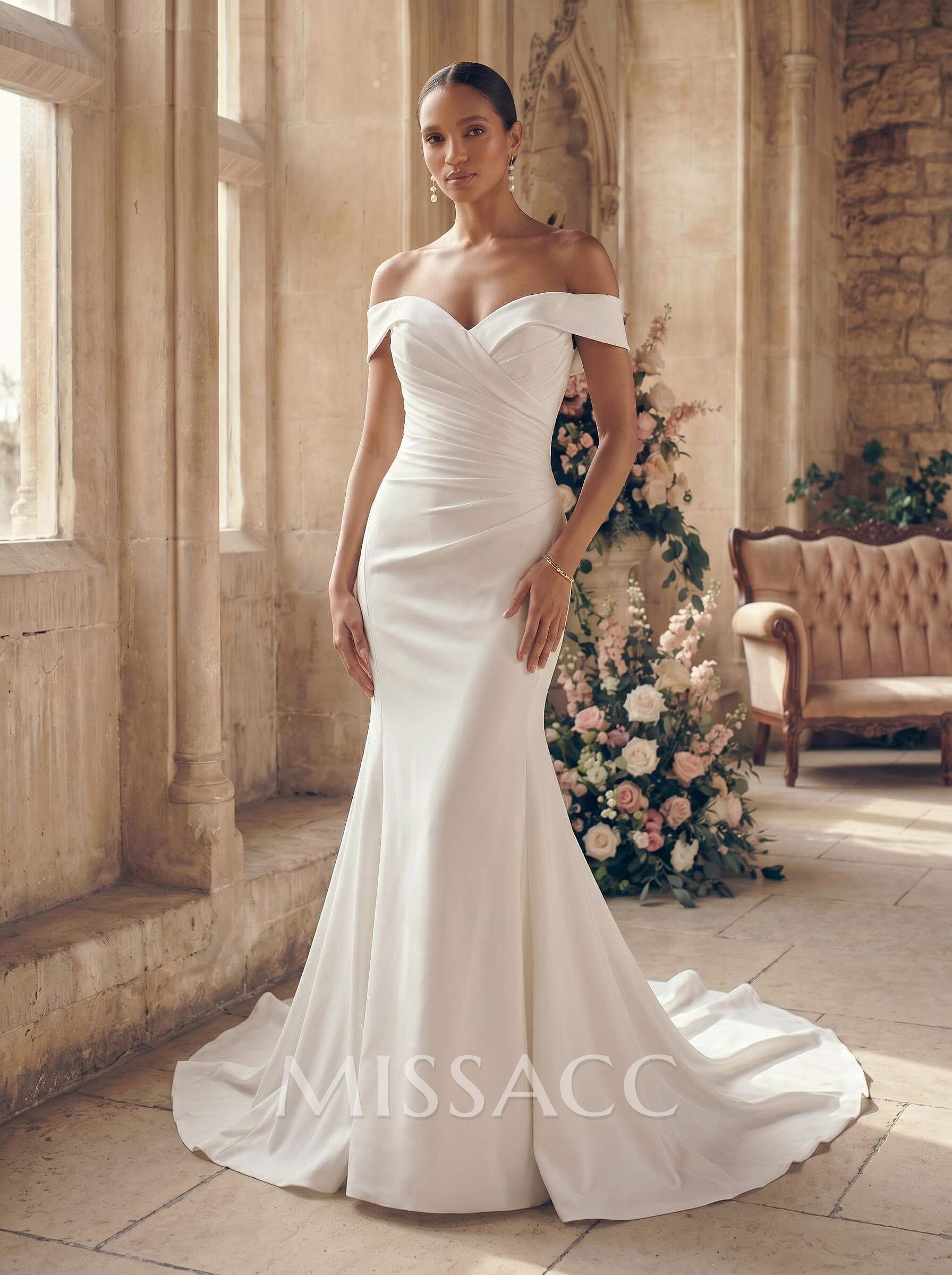 Mermaid Off-The-Shoulder Elastic Satin Wedding Dresses With Ruffle