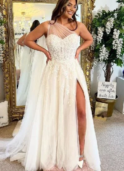 Boho One-Shoulder Lace/Tulle Wedding Dresses With Sequins