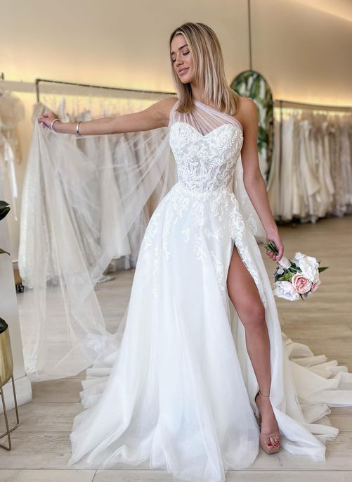 Boho One-Shoulder Lace/Tulle Wedding Dresses With Sequins
