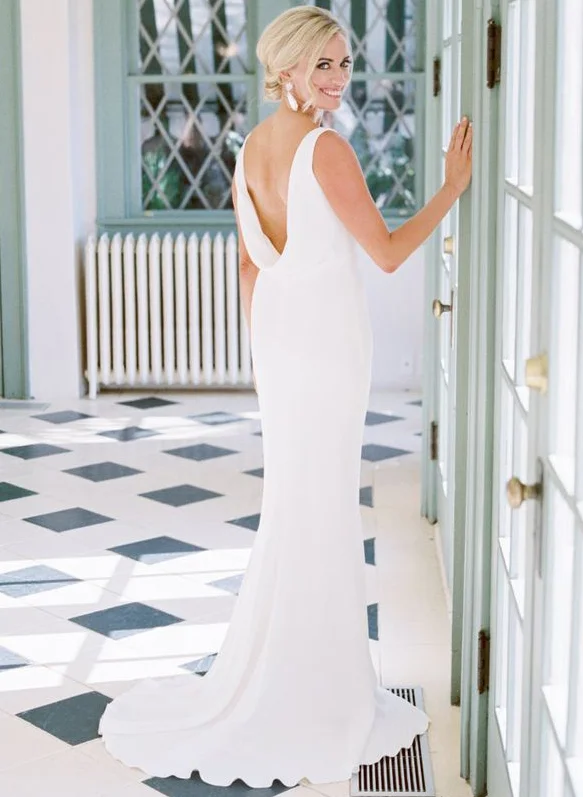 green emerald velvet dress Cowl Neck Ivory Sheath Satin Wedding Dresses with Button Slit Diamond White / 10