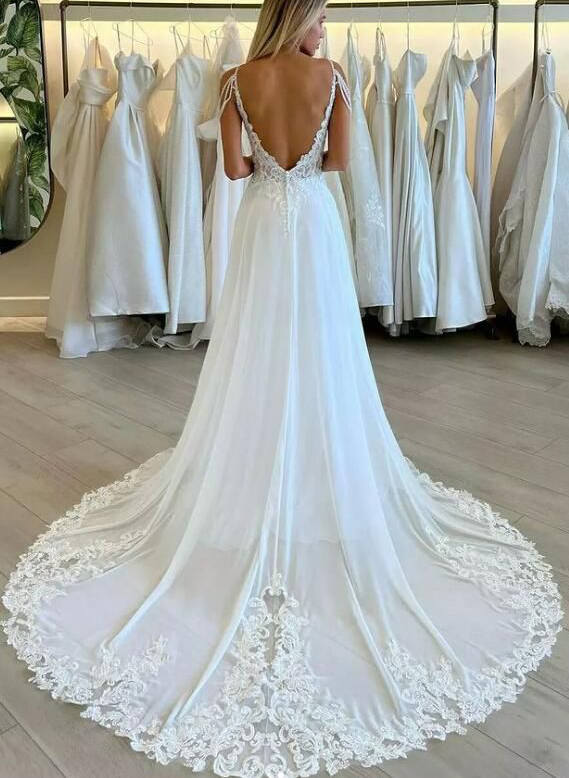Boho Lace Open Back Wedding Dresses With Slit