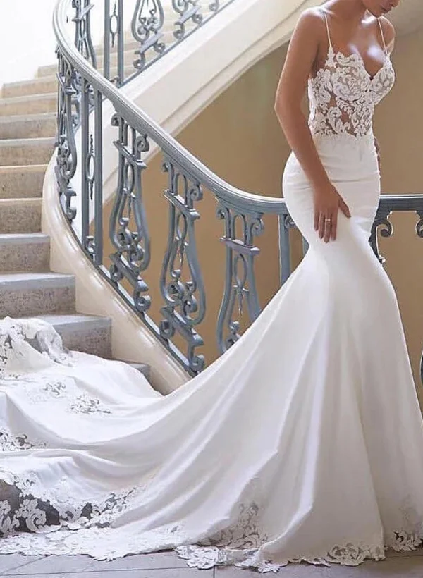 Flattering Mermaid Classic Spaghetti Straps Lace Elastic Satin