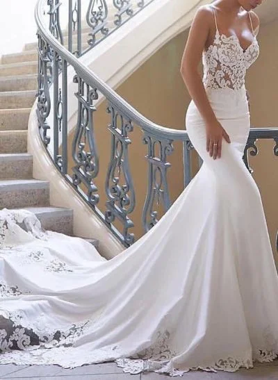 Missacc Ivory Bride Flattering Mermaid Classic Spaghetti Straps Lace Elastic Satin Wedding Dresses