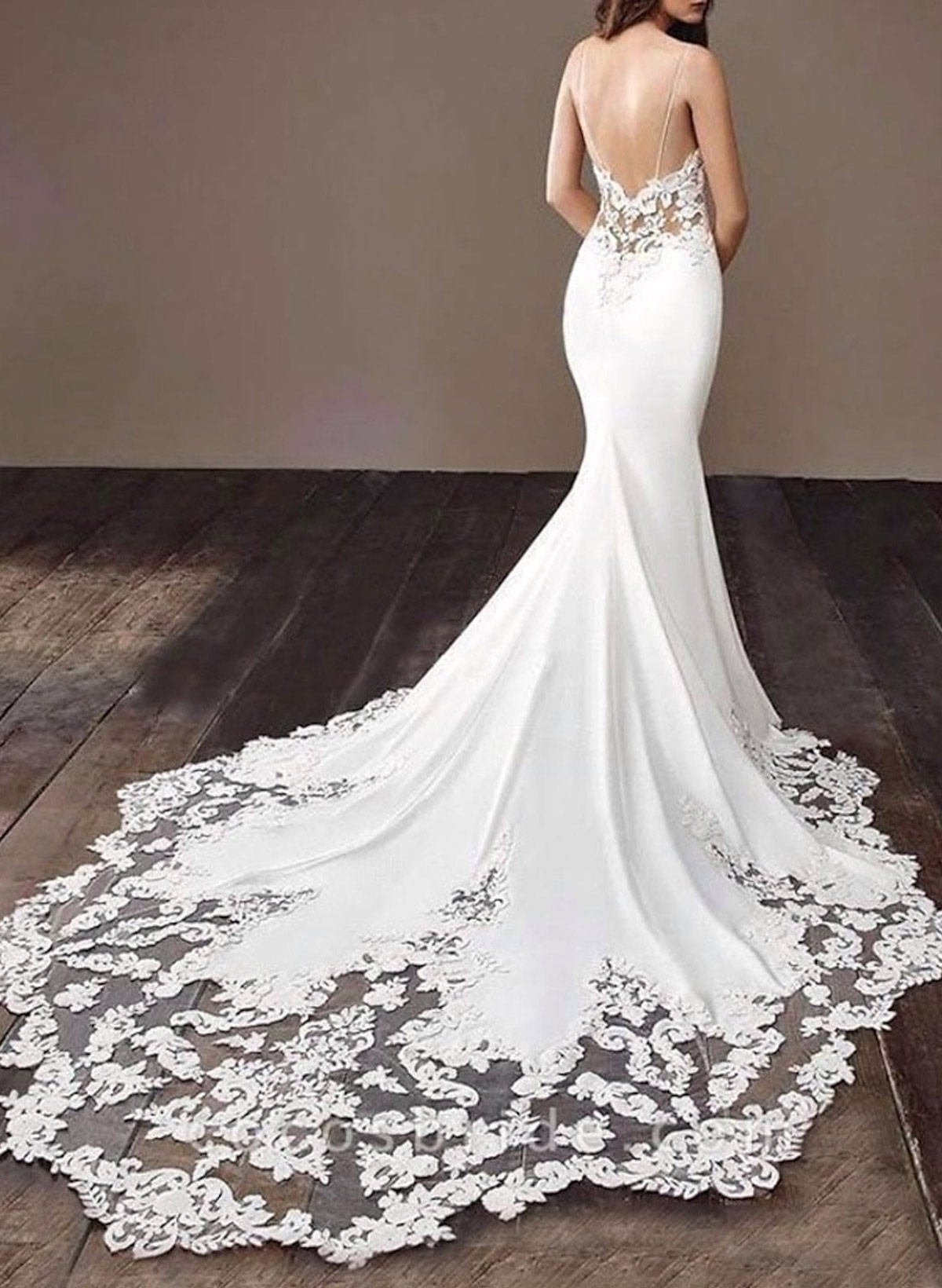 Flattering Mermaid Classic Spaghetti Straps Lace Elastic Satin Wedding Dresses
