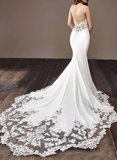 Flattering Mermaid Classic Spaghetti Straps Lace Elastic Satin Wedding Dresses