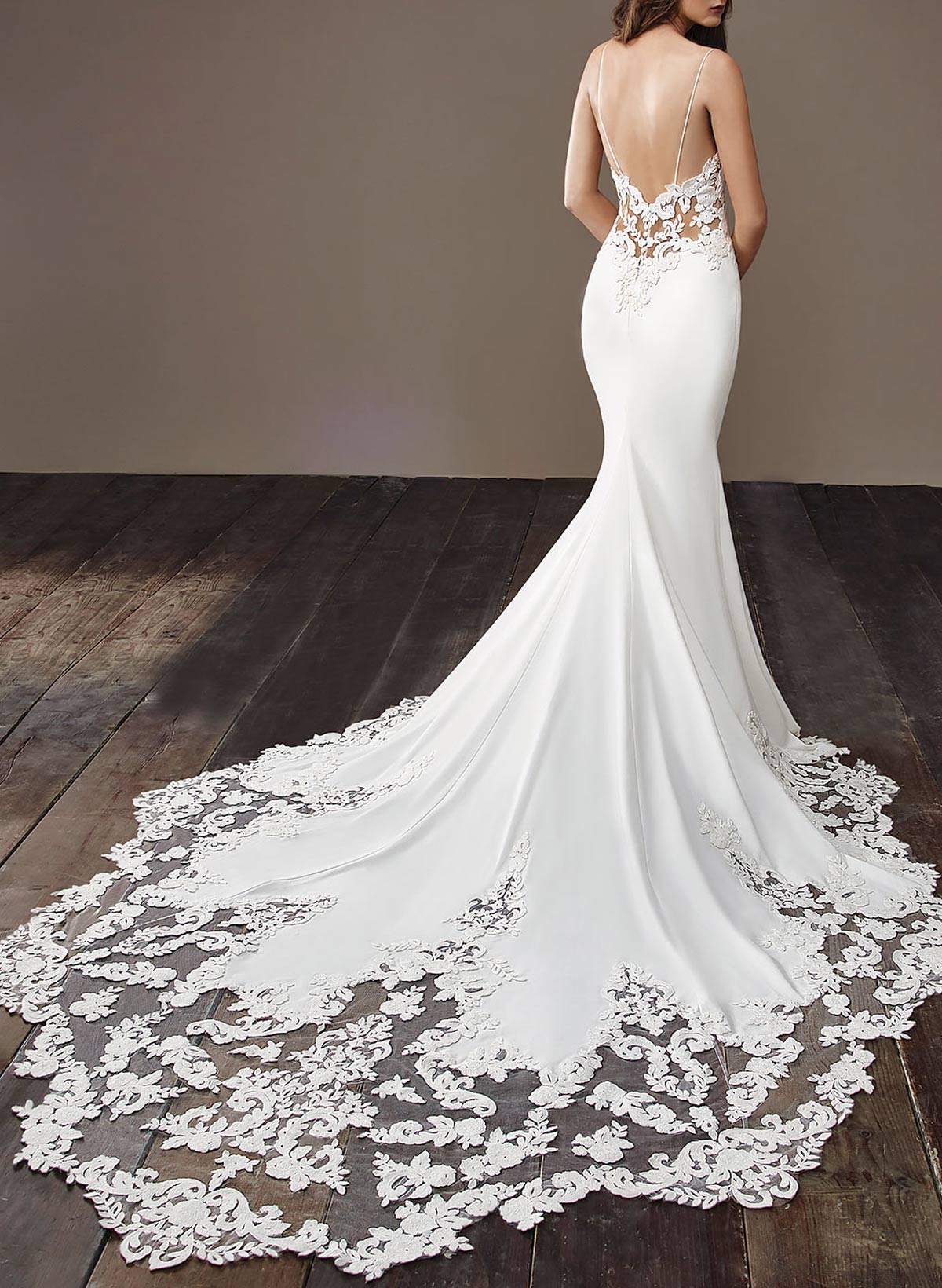 Flattering Mermaid Classic Spaghetti Straps Lace Elastic Satin Wedding Dresses