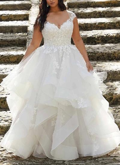 Classic Elegant Lace Wedding Dresses With Cascading Ruffles