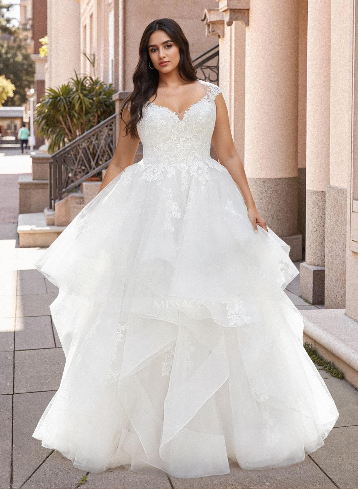 Classic Elegant Lace Wedding Dresses With Cascading Ruffles