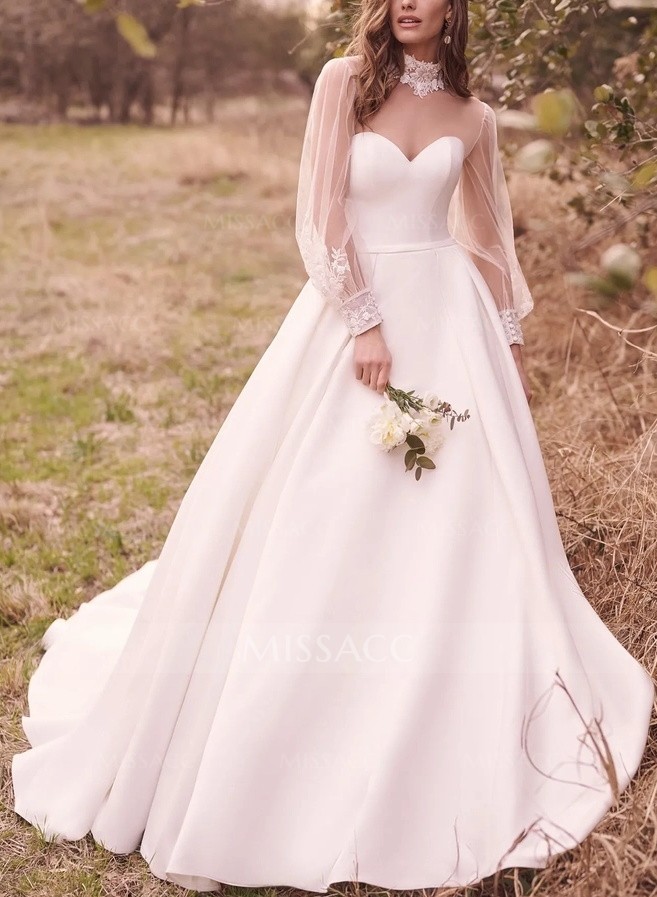 Sheer Long Sleeves Ball-Gown Wedding Dresses With High Neck