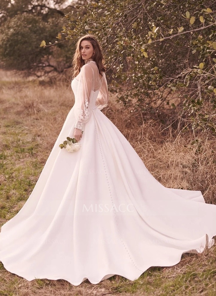 Sheer Long Sleeves Ball-Gown Wedding Dresses With High Neck