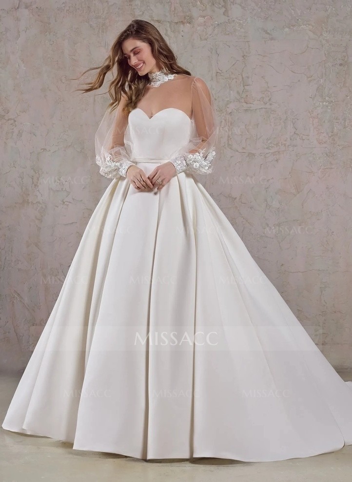 Sheer Long Sleeves Ball-Gown Wedding Dresses With High Neck