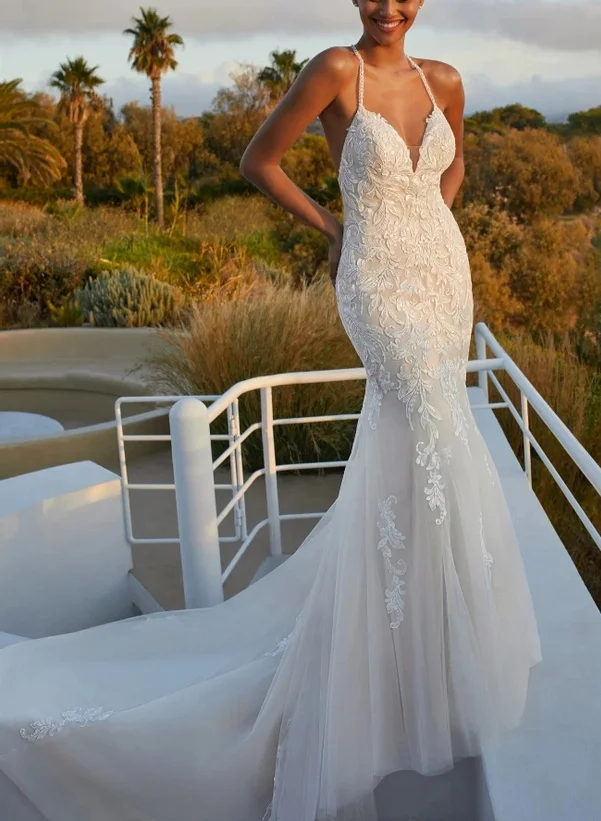Missacc Bride Trumpet/Mermaid V-Neck Sleeveless Chapel Train Lace/Tulle Wedding Dresses With Appliques Lace Missacc Bride Trumpet/Mermaid V-Neck Sleeveless Chapel Train Lace/Tulle Wedding Dresses With Appliques Lace