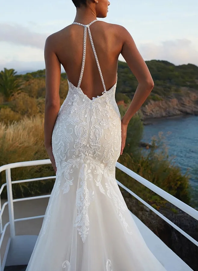 Missacc Bride Trumpet/Mermaid V-Neck Sleeveless Chapel Train Lace/Tulle Wedding Dresses With Appliques Lace