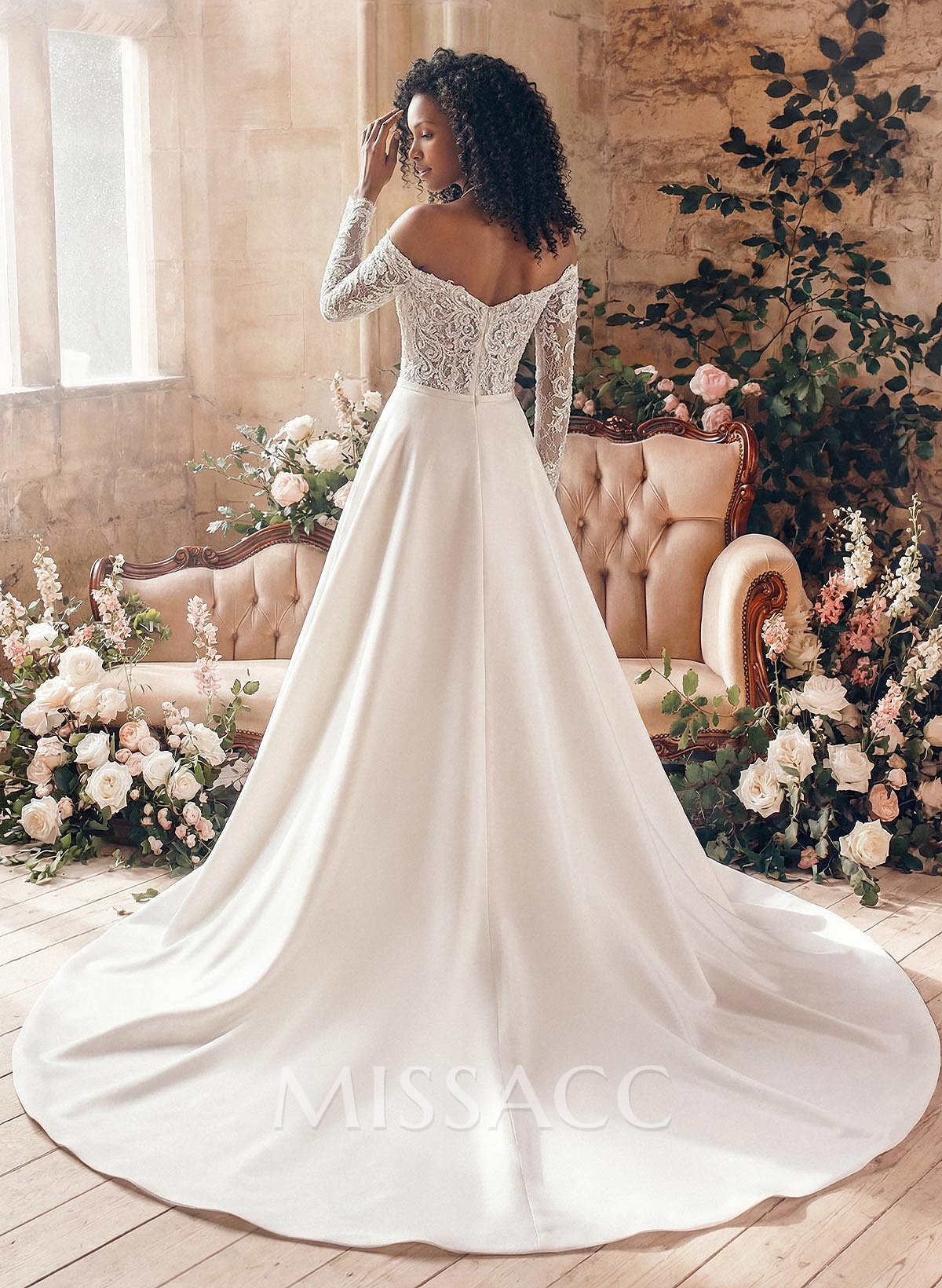 Classic Lace Long Sleeves Wedding Dresses With Satin Classic Lace Long Sleeves Wedding Dresses With Satin