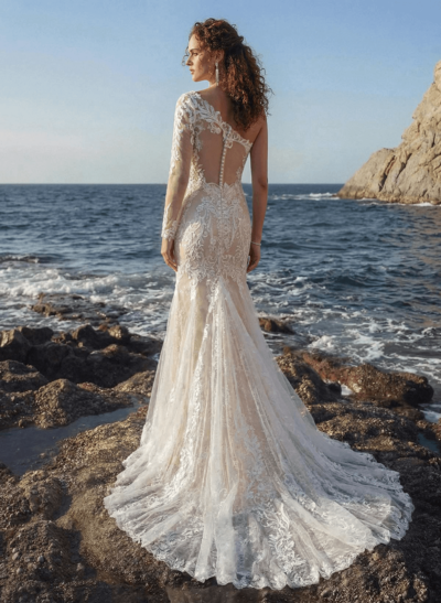 Luxury Lace One-Shoulder Long Sleeves Mermaid Wedding Dresses