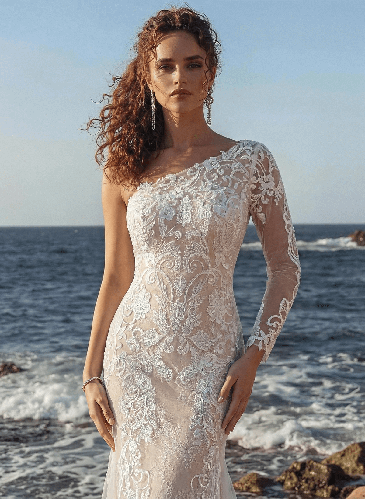Luxury Lace One-Shoulder Long Sleeves Mermaid Wedding Dresses