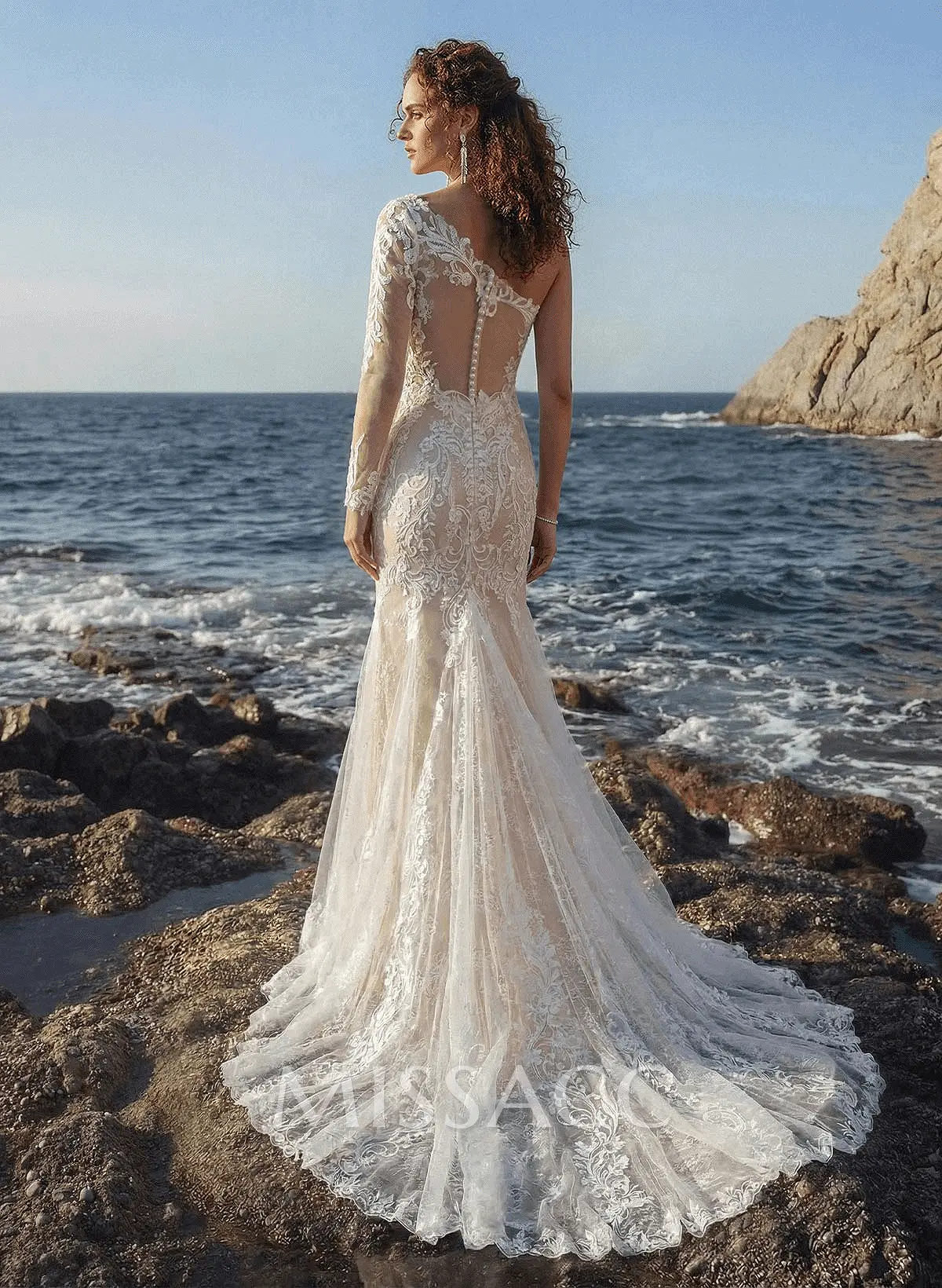 Luxury Lace One-Shoulder Long Sleeves Mermaid Wedding Dresses - Missacc