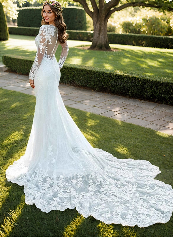 Luxury Lace Semi Sheer LIlusion Sleeves And Back Mermaid Wedding Dresses With Lace Chapel Train