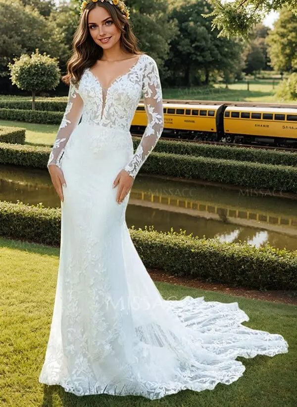 Missacc Ivory Bride Luxury Lace Semi Sheer LIlusion Sleeves and Back Mermaid Wedding Dresses with Lace Cathedral Train