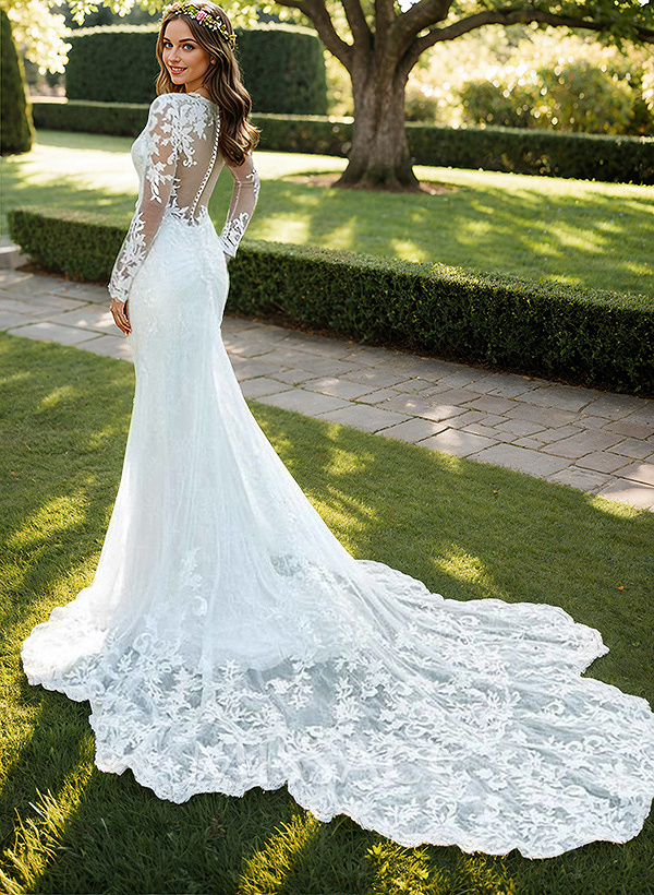 Luxury Lace Semi Sheer LIlusion Sleeves And Back Mermaid Wedding Dresses With Lace Cathedral Train