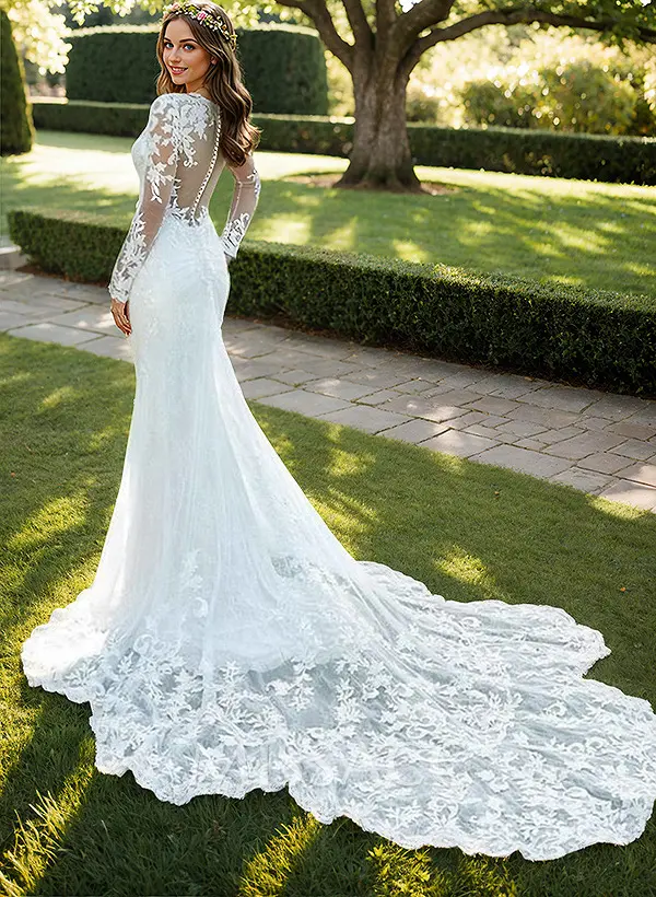 Luxury Lace Semi Sheer LIlusion Sleeves And Back Mermaid Wedding Dresses With Lace Cathedral Train - Missacc Luxury Lace Semi Sheer LIlusion Sleeves And Back Mermaid Wedding Dresses With Lace Cathedral Train - Missacc