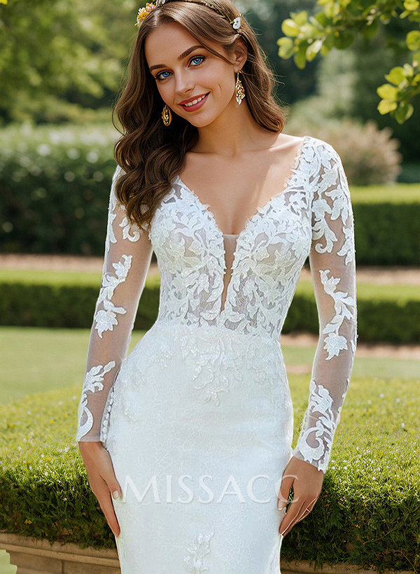 Luxury Lace Semi Sheer LIlusion Sleeves And Back Mermaid Wedding Dresses With Lace Cathedral Train