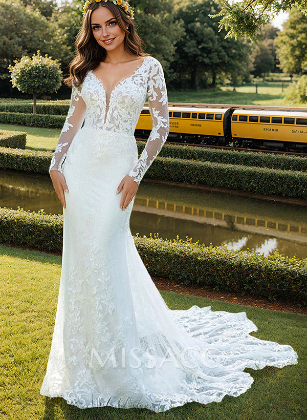 Luxury Lace Semi Sheer LIlusion Sleeves And Back Mermaid Wedding Dresses With Lace Cathedral Train