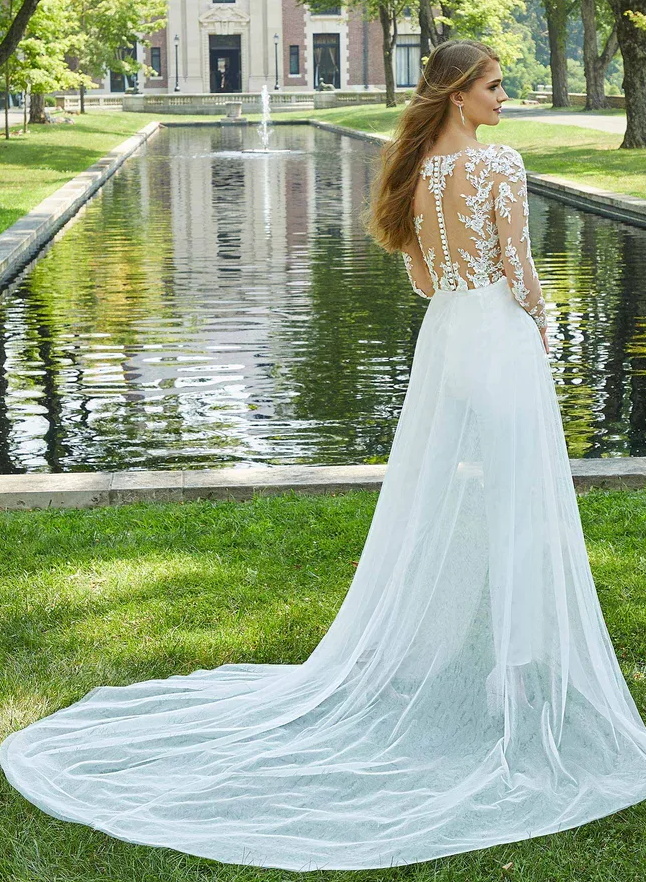 Jumpsuit Lace Long Sleeves Wedding Dresses With Illusion Neck