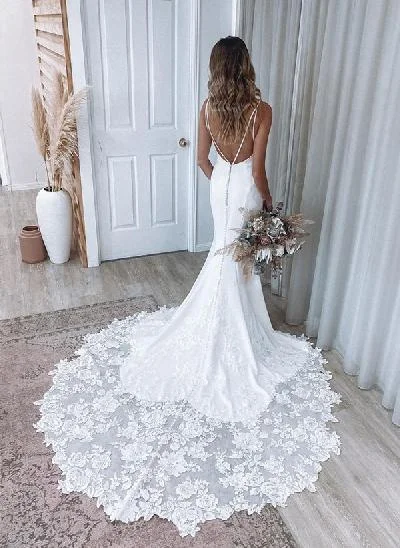 Mermaid V-Neck Sleeveless Court Train Elastic Satin Wedding Dresses