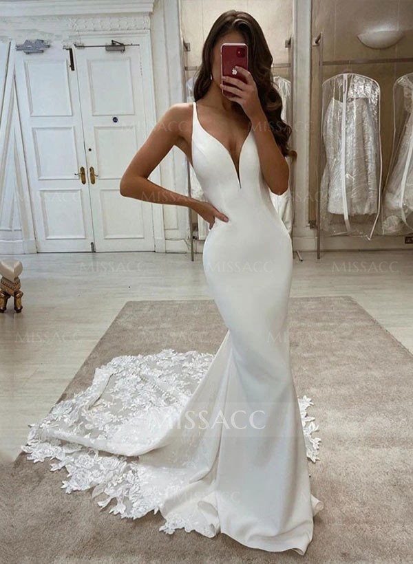 Mermaid V-Neck Sleeveless Court Train Elastic Satin Wedding Dresses