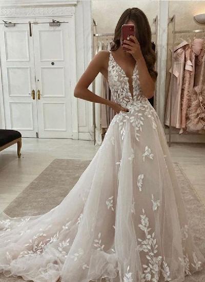 A-Line V-Neck Sleeveless Tulle Wedding Dresses With Appliques Lace
