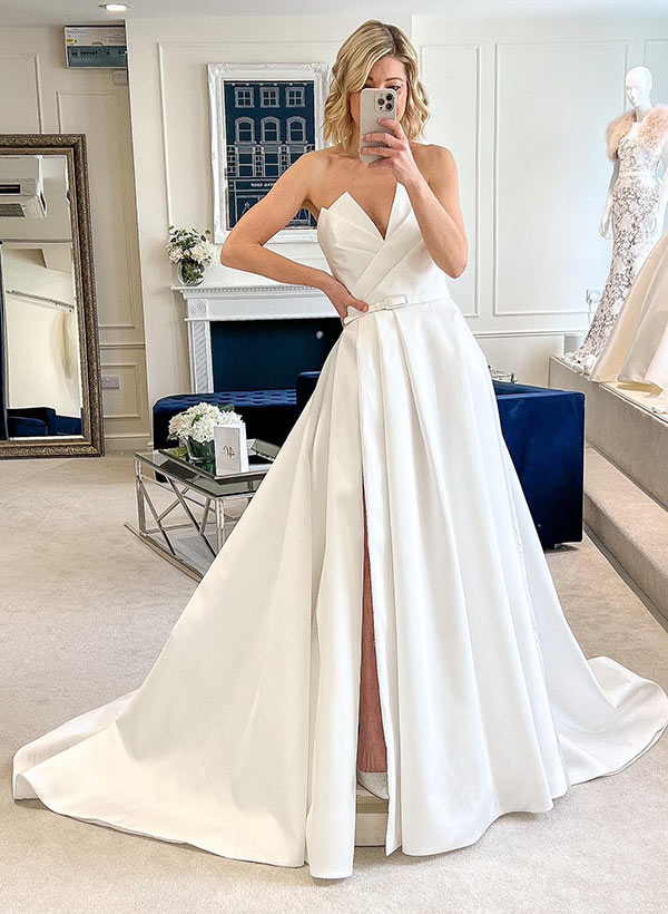 Ball-Gown V-neck Sleeveless Sweep Train Satin Wedding Dresses With Split Front