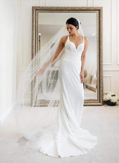 Sheath/Column V-neck Sleeveless Sweep Train Elastic Satin Wedding Dresses